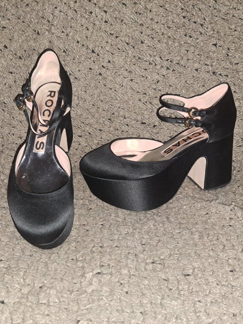 ROCHAS-Black Silk Double Strap Platform Mary Jane Heels-Sz 38.5/8-Near Mint